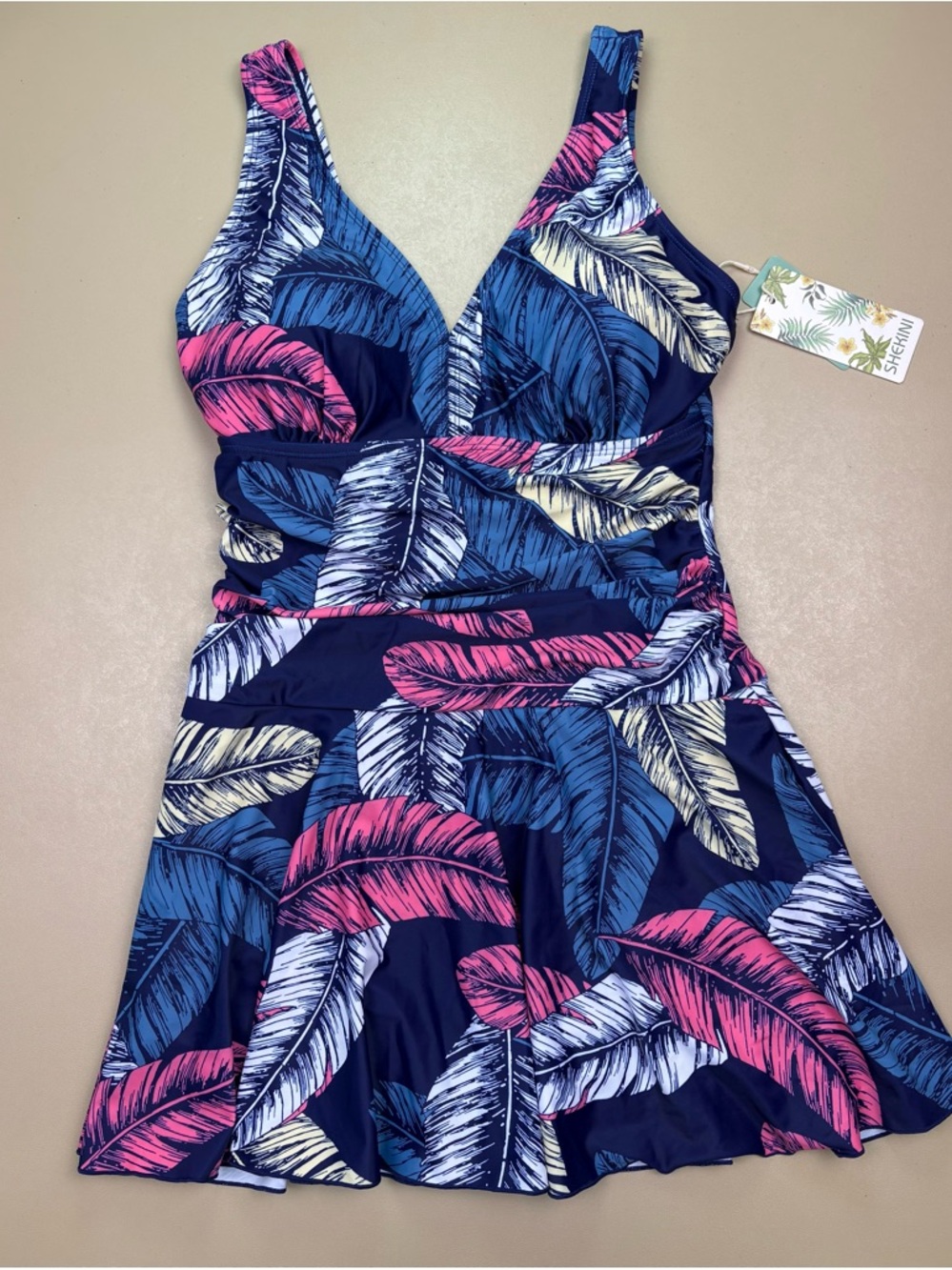 Shekini Swim Dress One Piece Blue Tropical Leaf Skirted Small NWT